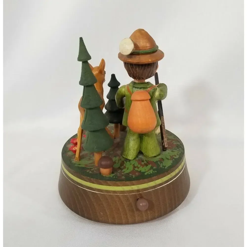 Vtg Anri Little Boy in Woods w/ Deer & Bird Carved Music Box Plays Moulin Rouge